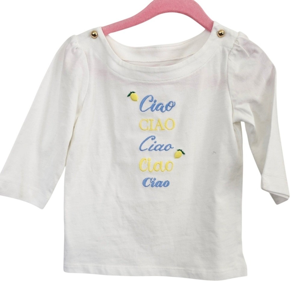 Janie and Jack Girls White Ciao Lemon Embroidered Long Sleeve Top 2T Gold Button